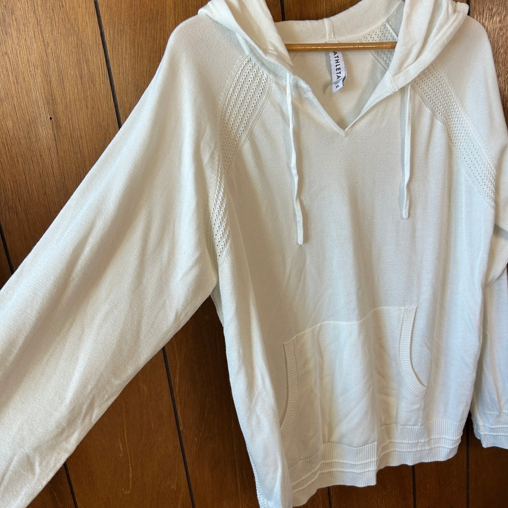 Athleta Evergreen‎ White Knit V-Neck Hoodie Pullover Sweater Size XL Athleisure - Picture 4 of 10